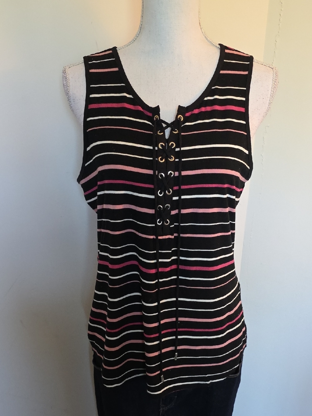 White House Black Market Black Tank with Pink & Cream Stripes and Lace-Up Front